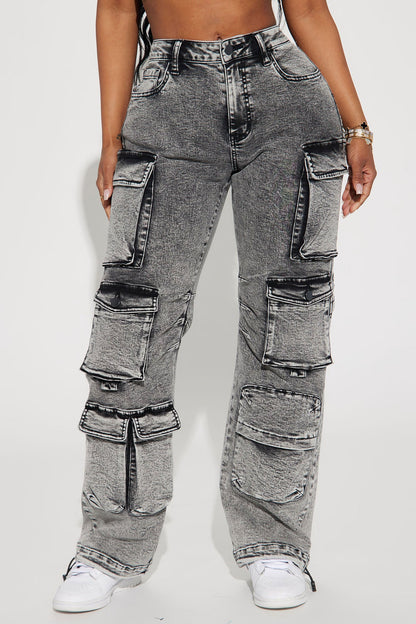 Jeans Cargo Fairfax de Tiro Alto – Gris Acid Wash